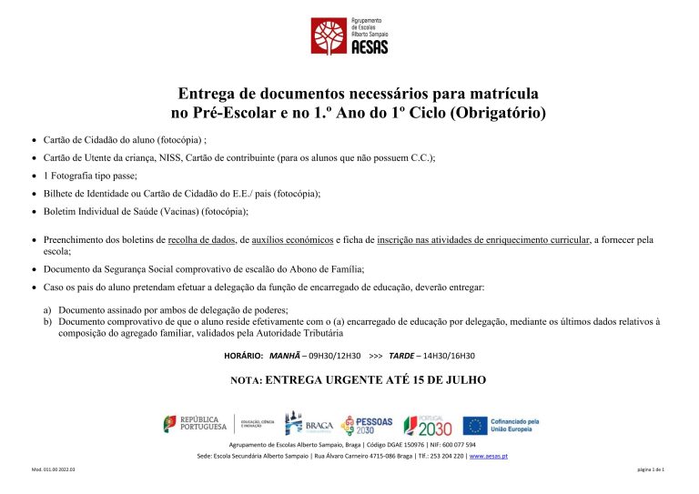 Entrega de documentos necessários para matrícula no Pré-Escolar e no 1 ...